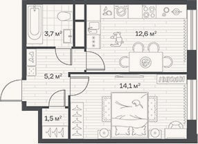Планировка: 1-к, 37,1 м²