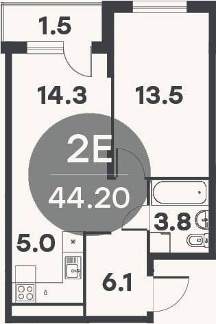 Планировка: 2-к, 42,7 м²