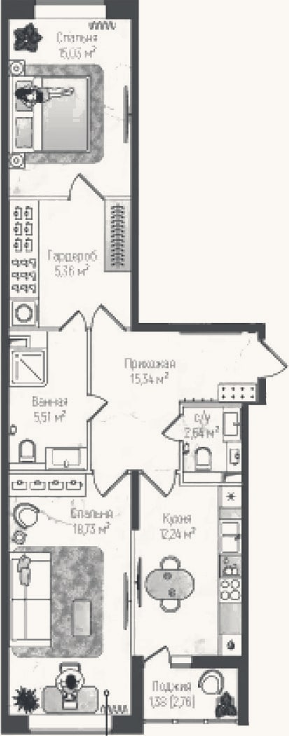 Планировка: 2-к, 74,9 м²