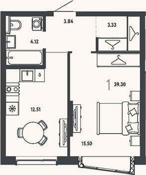 Планировка: 1-к, 39,3 м²