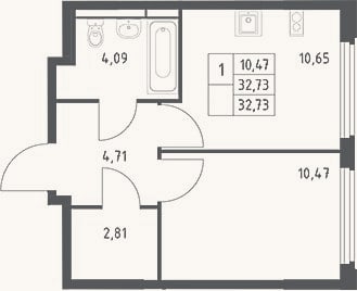 Планировка: 1-к, 32,7 м²