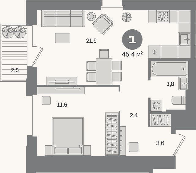 Планировка: 1-к, 42,9 м²