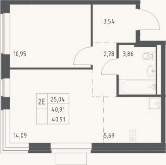 Планировка: 2-к, 40,9 м²