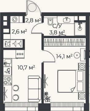 Планировка: 1-к, 33,9 м²