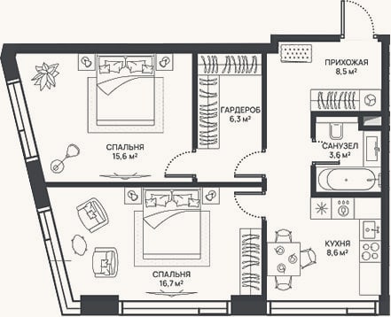 Планировка: 2-к, 59,3 м²