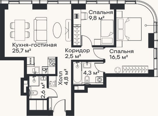 Планировка: 3-к, 66,2 м²