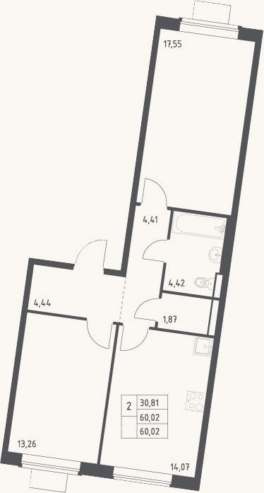 Планировка: 2-к, 60 м²