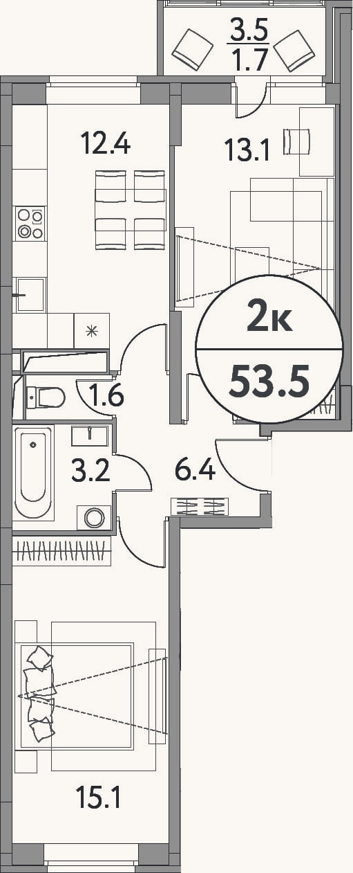 Планировка: 2-к, 51,8 м²