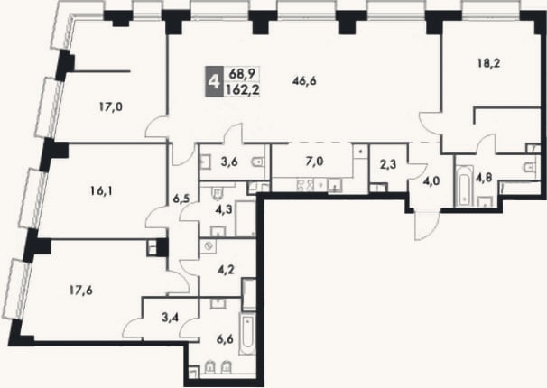Планировка: 4+ к, 162,2 м²