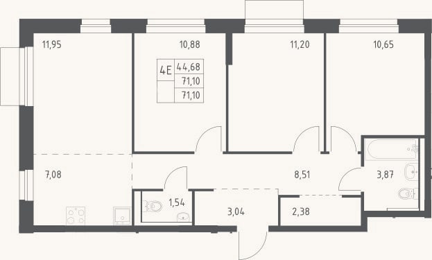 Планировка: 4+ к, 71,1 м²