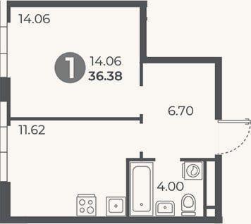 Планировка: 1-к, 36,4 м²