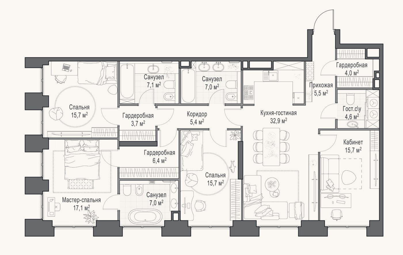 Планировка: 4+ к, 149 м²