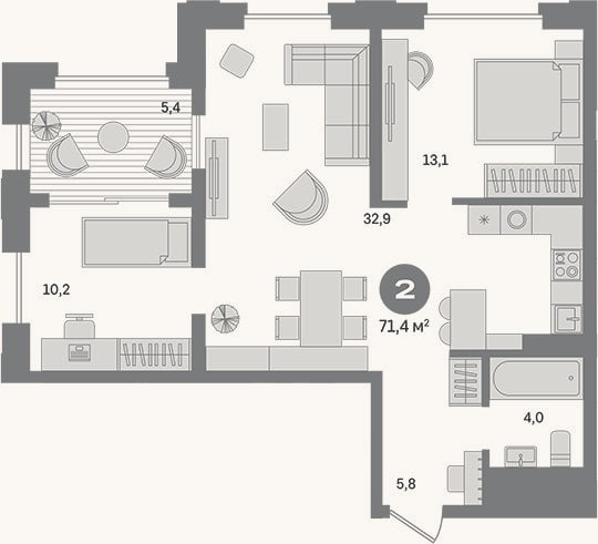 Планировка: 2-к, 66,8 м²