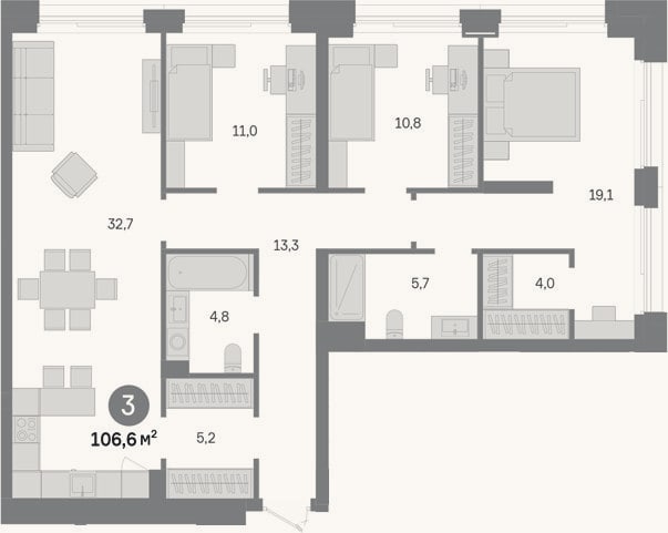 Планировка: 3-к, 106,6 м²