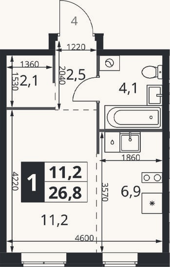 Планировка: Студия, 26,8 м²