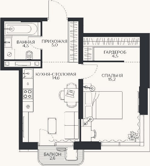 Планировка: 1-к, 45,6 м²