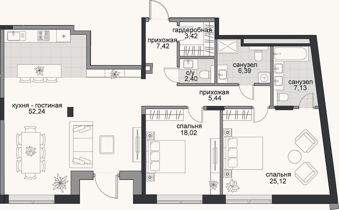 Планировка: 3-к, 127,6 м²