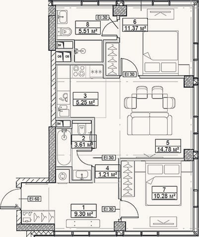 Планировка: 3-к, 61,3 м²