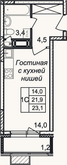Планировка: Студия, 21,9 м²