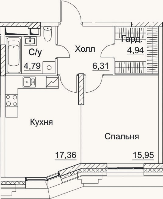 Планировка: 1-к, 49,4 м²