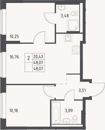 Планировка: 3-к, 48,1 м²