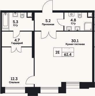 Планировка: 2-к, 62,4 м²