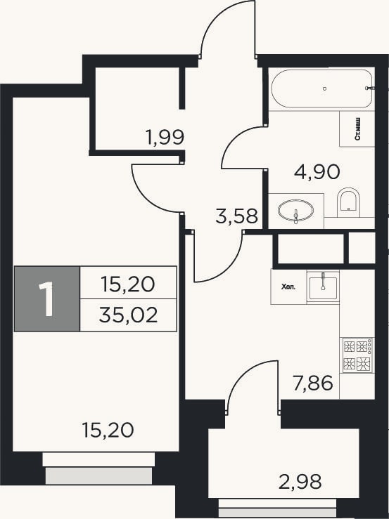 Планировка: 1-к, 33,5 м²