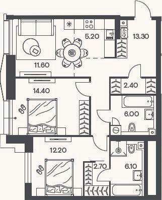 Планировка: 3-к, 73,9 м²
