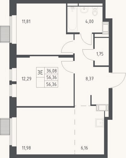Планировка: 3-к, 56,4 м²