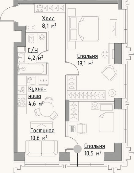Планировка: 3-к, 57,1 м²