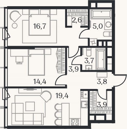 Планировка: 3-к, 73,4 м²