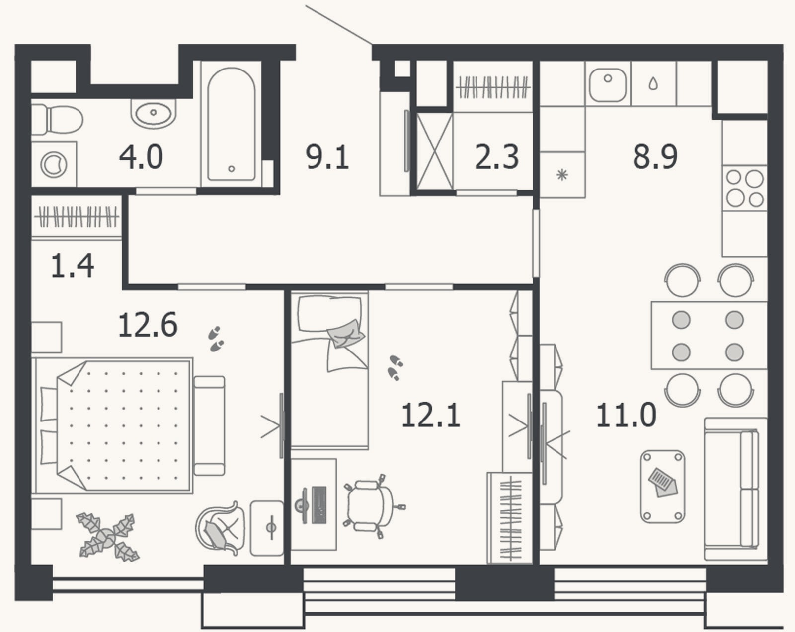 Планировка: 3-к, 61,4 м²