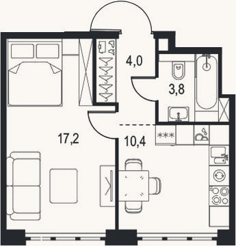 Планировка: 1-к, 35,4 м²