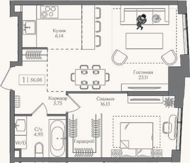 Планировка: 2-к, 56,1 м²