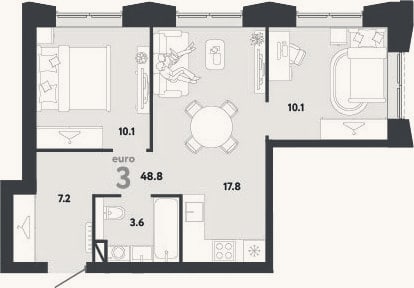 Планировка: 3-к, 48,8 м²