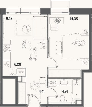 Планировка: 2-к, 39 м²