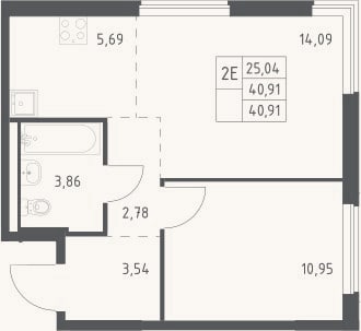Планировка: 2-к, 40,9 м²
