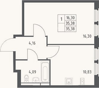 Планировка: 1-к, 35,4 м²