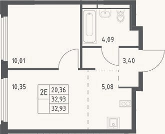 Планировка: 2-к, 32,9 м²