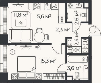 Планировка: 2-к, 43,6 м²