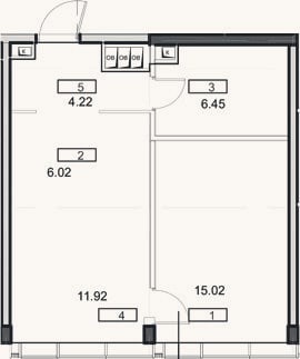 Планировка: 2-к, 43,6 м²