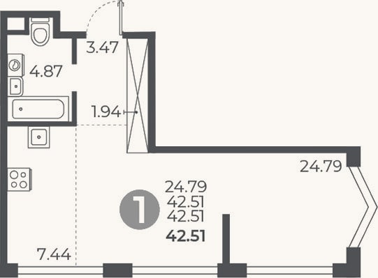 Планировка: Студия, 42,5 м²