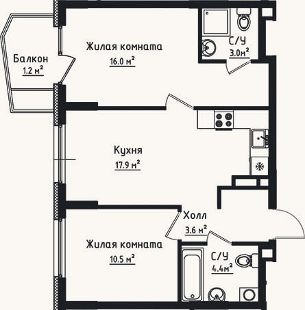 Планировка: 2-к, 55,4 м²