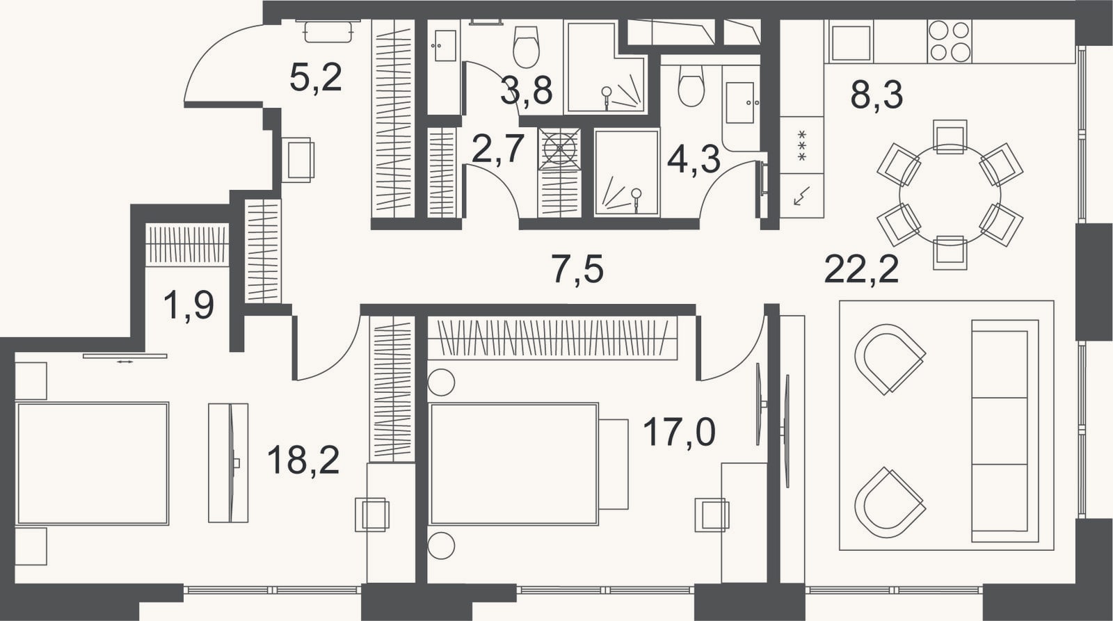 Планировка: 3-к, 91,1 м²