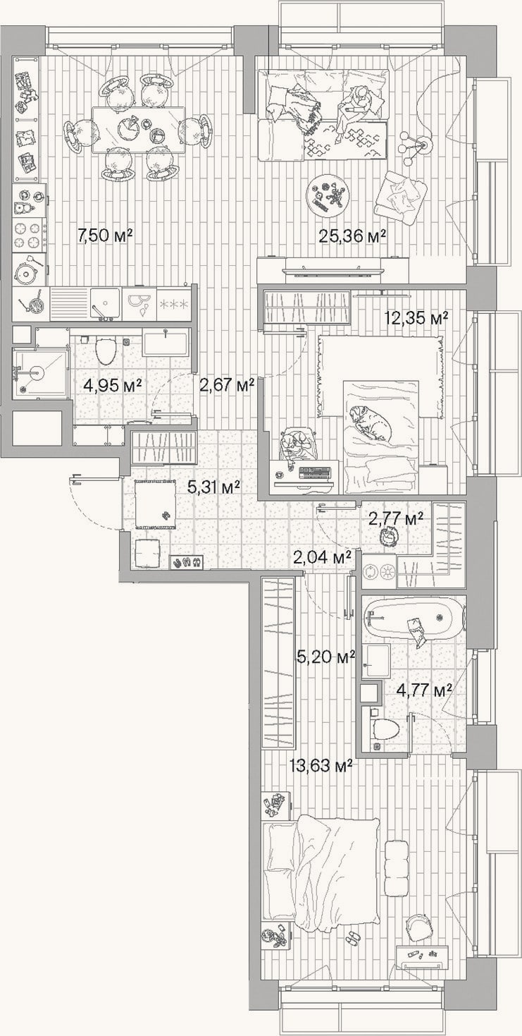 Планировка: 3-к, 86,6 м²