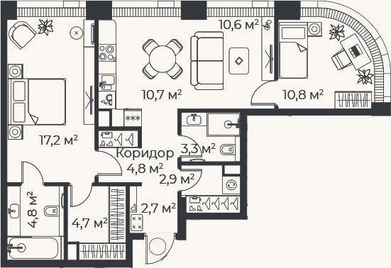 Планировка: 3-к, 72,4 м²