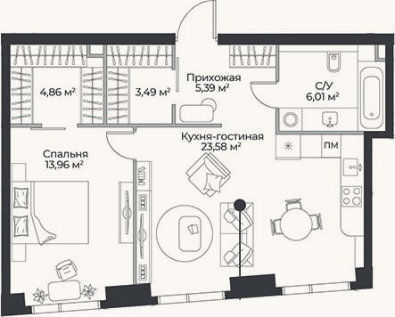 Планировка: 2-к, 57,3 м²