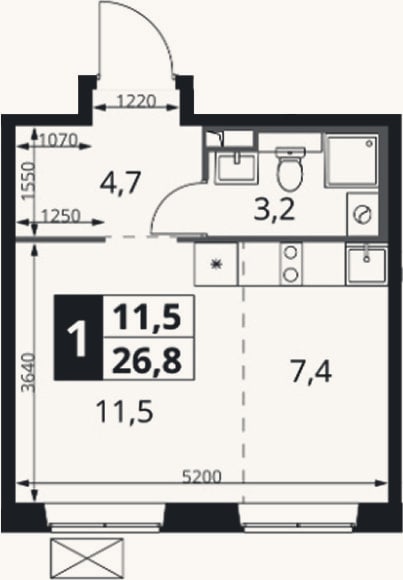 Планировка: Студия, 26,8 м²