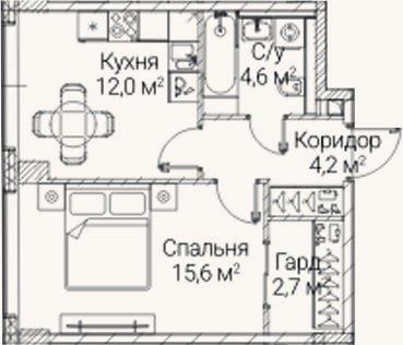 Планировка: 1-к, 39,1 м²