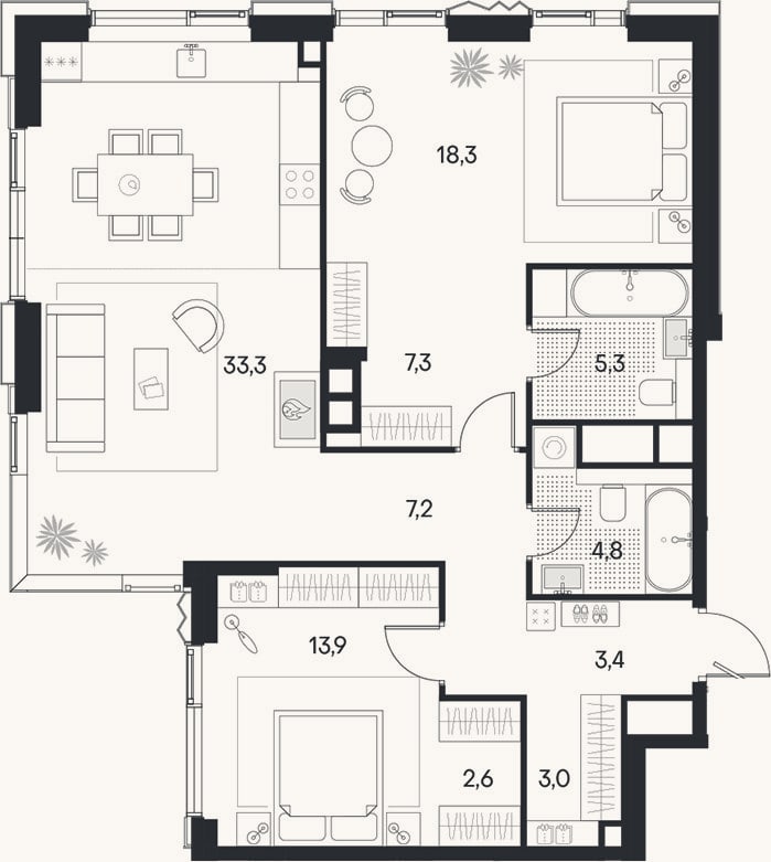 Планировка: 3-к, 99,1 м²
